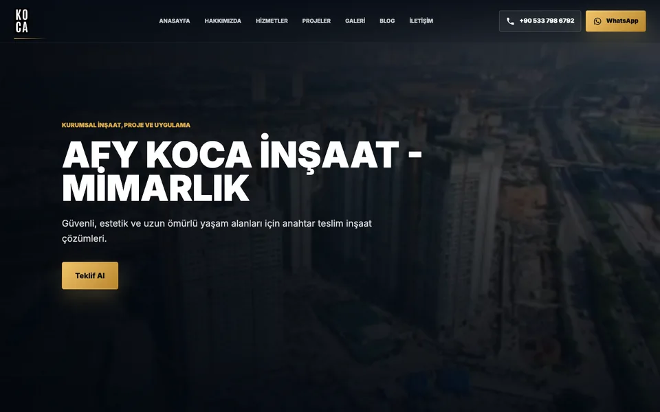 AFY Koca İnşaat web sitesi ekran görüntüsü
